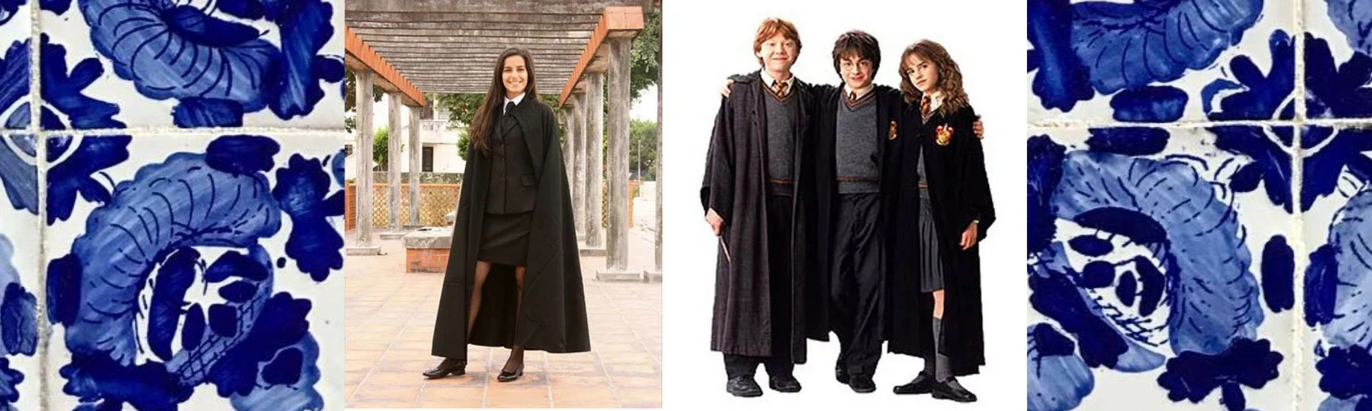 Image mettant en parallèle une photographie d'une jeune étudiante portugaise dans son uniforme et le trio des trois personnages principaux de la saga Harry Potter dans leur uniforme de l'école de sorcellerie Poudlard sur un fond bleu et blanc.